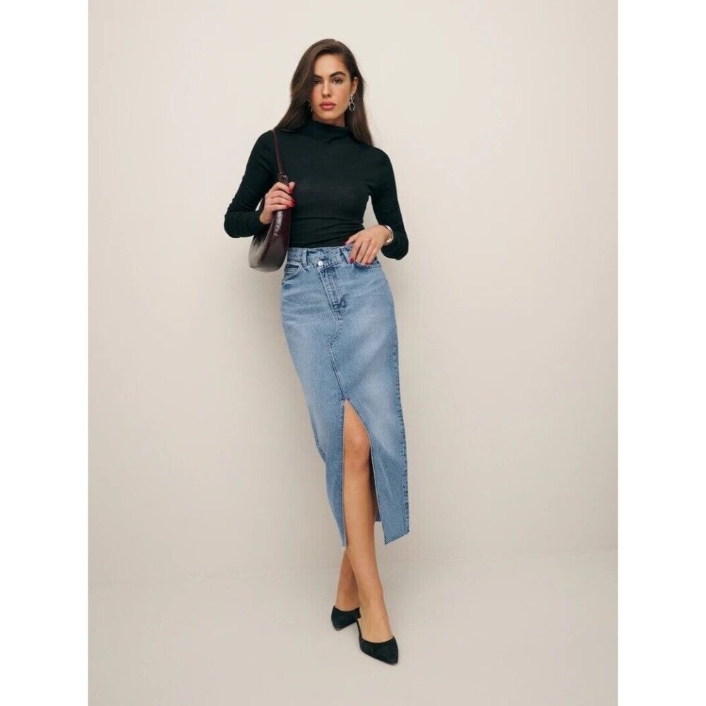 Reformation Blue Midi Pencil Skirt with Slit